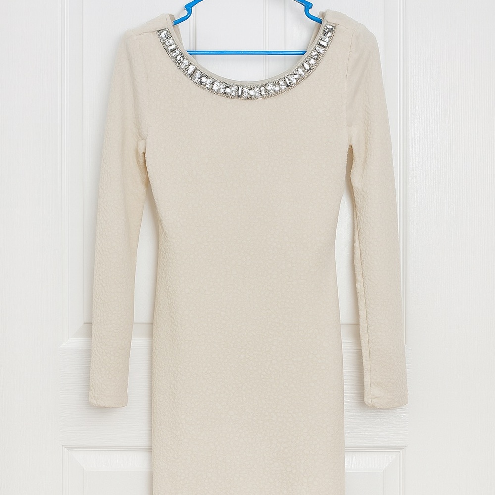 Emerald Sundae Party Dress Rhinestone Neck Long Sleeve Mini Dress M